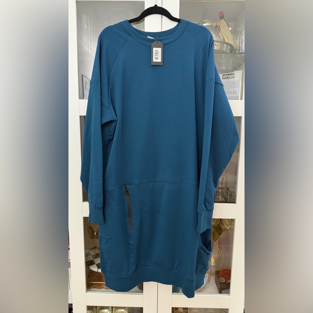 Teal Long-Sleeve Sweatshirt Dresswith Zipper Pocket
